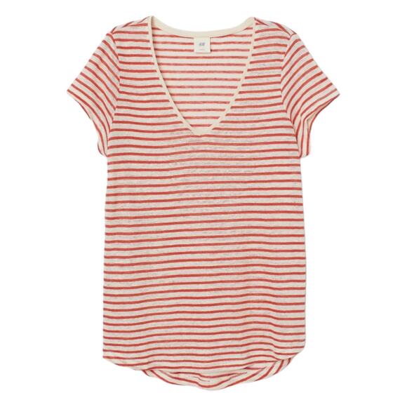 H&M 100% Linen Striped Short Sleeve Top Soft Cool V-Neck Tee Size Large - Picture 1 of 6